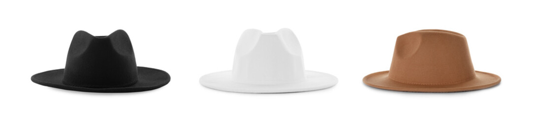 Set with different stylish hats on white background, banner design. Trendy headdress
