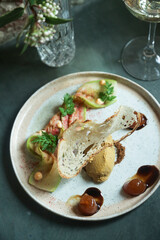 Traditional chicken liver pate with bread and jam