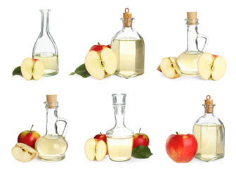 Natural apple vinegar and fresh fruits on white background, collage