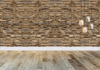 stone wall interior design modern lamp for home, office, hotel and bedroom. 3D illustration