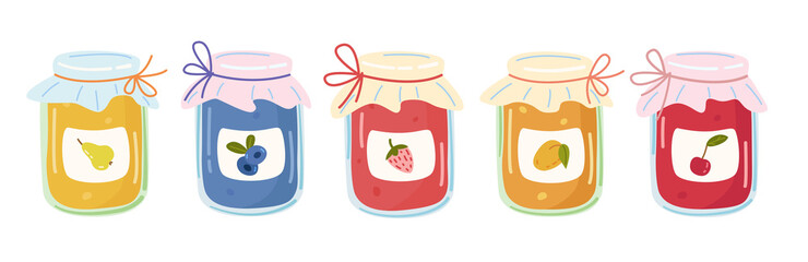 Set of fruit jams in glass jars in cartoon style.