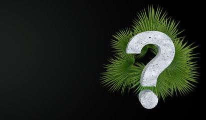 A question mark made of concrete on a background of palm green leaves. 3d rendering.
