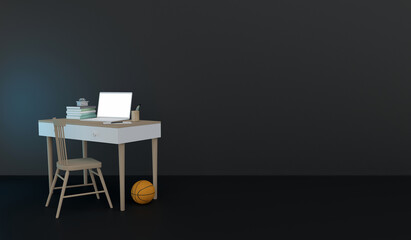 A freelancer's workplace. The interior of the workspace of a modern creative person with a laptop, books, an armchair and a basketball. 3d rendering.