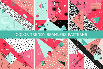 Set of vector abstract patterns with geometric shapes. Bright trendy backgrounds. Retro style, fashion 80-90s