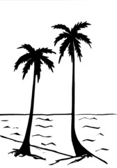 Black silhouettes of two palm trees on a white background