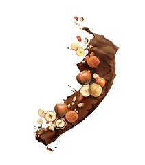 Pieces of tasty hazelnuts and delicious melted chocolate flying on white background