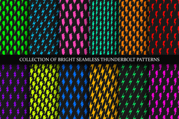 Collection of vector colorful seamless patterns with flash symbols. Bright multicolor endless design. Vibrant repeatable backgrounds