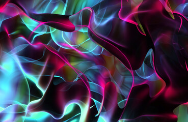 3d render of abstract art 3d background with part of surreal fantasy mystic alien drapery in curve wavy biological organic lines forms in light glowing neon green blue and purple fluorescent color