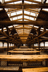 covered terrace with wooden tables