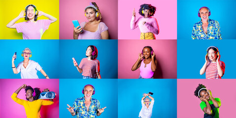 Collage of diverse multiethnic and different ages people dancing listening music isolated background