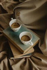 Two cups of coffee with milk with an original spoon on books on an isolated beige background.