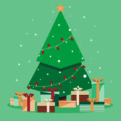 Christmas and New Year background. New Year tree and gifts.