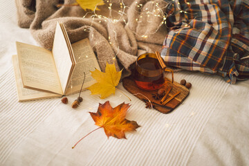 Still life details in home interior. Sweaters and cup of tea with autumn decor and books. Read, Rest. Cozy autumn concept.