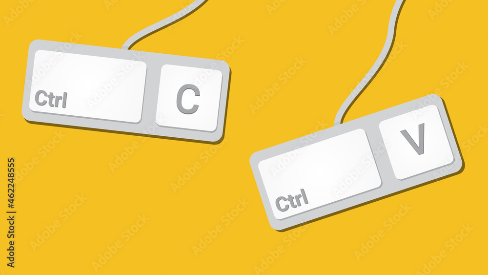 Poster keyboard keys Ctrl C and Ctrl V, copy and paste the key shortcuts. Computer icon on yellow background