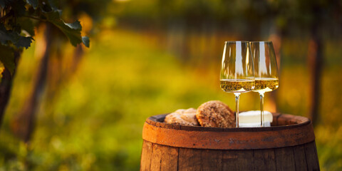 Two glasses of white wine on an old barrel in the vineyard with space for text