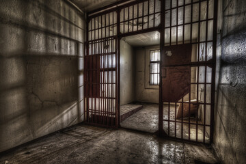 Shot of a prison cell with a lattice door - obrazy, fototapety, plakaty