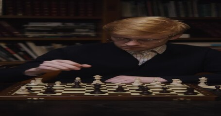 A man is studying with concentration to play chess alone - Powered by Adobe