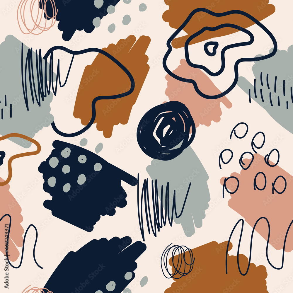 Poster abstract seamless pattern with doodle various colorful spots, dots and lines. trendy hand drawn vect