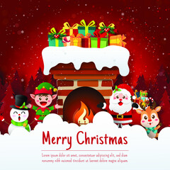 Christmas fireplace and gifts with Santa Claus and friend, Merry Christmas