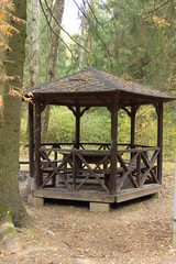 Old wooden gazebo in the city park. Moscow . Russia.