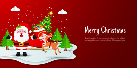 Merry Christmas and Happy New Year, Christmas banner postcard of Santa Claus and reindeer with sleigh in pine forest