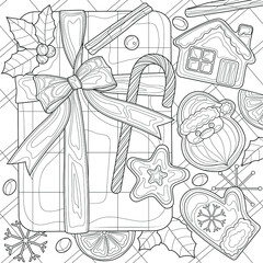 Christmas gift among sweets and gingerbreads of different shapes.Coloring book antistress for children and adults. Illustration isolated on white background.Zen-tangle style. Hand draw