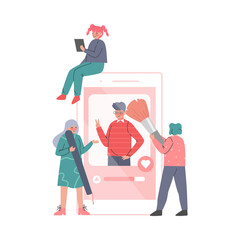 Smartphone Setting with Young Man and Woman Engaged in Photo Retouch Adjustments Vector Illustration