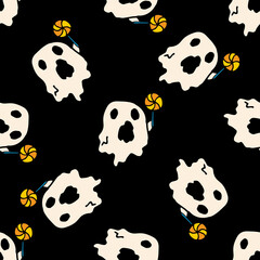 a pattern from a ghost with a lollipop in a cartoon style. seamless pattern of a ghost hand-drawn in doodle style with a striped candy on a pillowcase, randomly arranged on black, for a Halloween temp