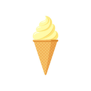 Delicious yellow ice cream brulee in waffle cone. Vanilla taste isolated twisted ice-cream on white background. Cute flat style product design vector eps illustration