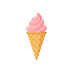 Delicious pink strawberry or raspberry ice cream in waffle cone. Tasty isolated twisted ice-cream on white background. Cute flat style icecream product design vector eps illustration