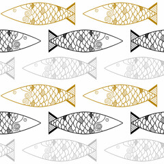 Fish line design for adults and kids coloring book, tattoo, t-shirt design, design element. Primitive drawing. Contour fish.