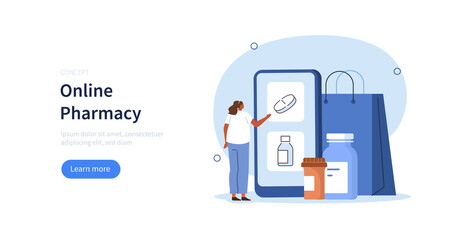Character buying medicaments in online drugstore on smartphone. Shopping bag with medicine pills and bottles lying near. Online pharmacy and medical service concept. Flat cartoon vector illustration.
