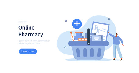 Character buying medicaments in online drugstore and putting medicine pills and bottles in shopping basket. Online pharmacy and medical service concept. Flat cartoon vector illustration.
