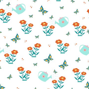 Watering can Flowers and butterflies seamless pattern. Vector print in flat style.