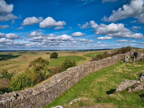 The remains of the defensive fortification of Hadrian's Wall in Northumberland, England, UK. Begun in AD122, the wall ran across Britain forming the northern boundary of the Roman Empire.