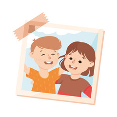 Happy Boy and Girl on Photo Card or Snapshot Sticking on the Wall Vector Illustration