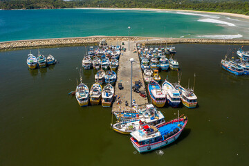 Aerial view of fishing boats and fish market in the south of Sri Lanka