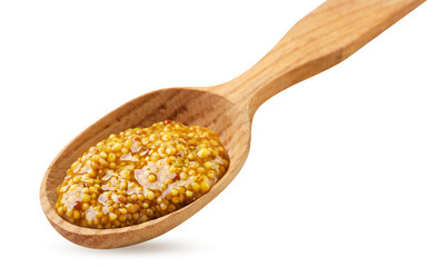 French mustard in a wooden spoon on a white background. Isolated