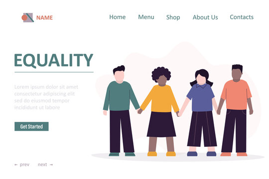 Equality, landing page template. Multiethnic kids standing hand by hands. Relationship, friendship concept. Equality beetwen races and genders. Boys and girls holding hands.