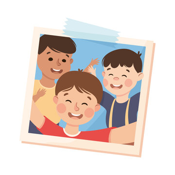 Happy Little Boy on Photo Card or Snapshot Sticking on the Wall Vector Illustration. Excited Kid with Raised Hands on Self-portrait Photograph Square Shot Concept