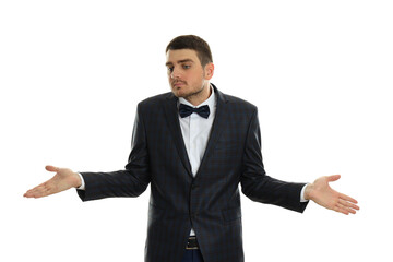 Businessman in misunderstanding isolated on white background