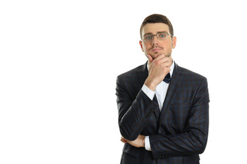 Pensive businessman isolated on white background, space for text