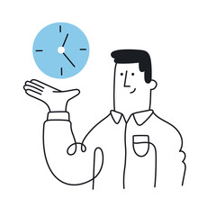Man holding a clock in his hand. Time management, planning, organizes working time, effective business, deadline. Outline, linear, thin line, doodle art. Simple style with editable stroke.