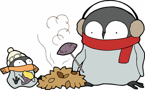 焚き火で焼き芋[コウテイペンギンの雛]