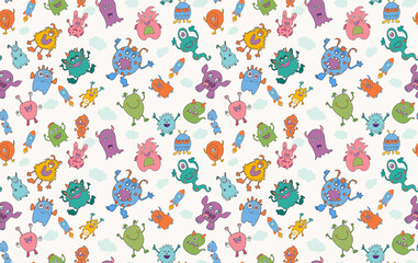 Cute character cartoon baby alien. Vector seamless pattern. Amusing baby beast. Bizarre and funny monster. Fantasy creatures.Funny colorful and hand drawn abominable beasts
