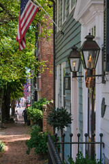 Beautiful picturesque New England style house facades in historic Old Town Alexandria, Virginia...