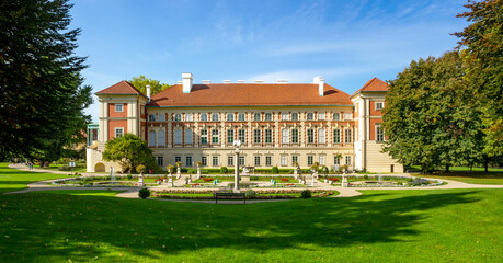Łańcut castle in Poland. Built in the first half of 17th century. Back elevation with Italian garden and park