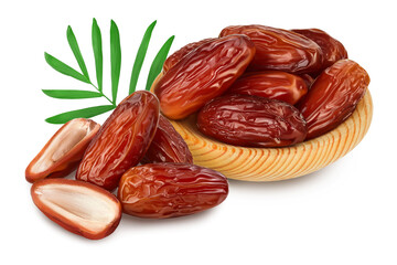 Dates in wooden bowl isolated on white background with clipping path and full depth of field.