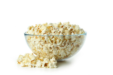 Glass bowl with popcorn isolated on white background