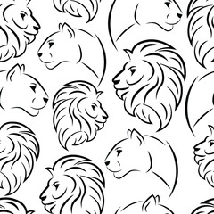 Line arts, vector lions, animals seamless pattern isolated on bright background. Concept for wallpaper, print, cards